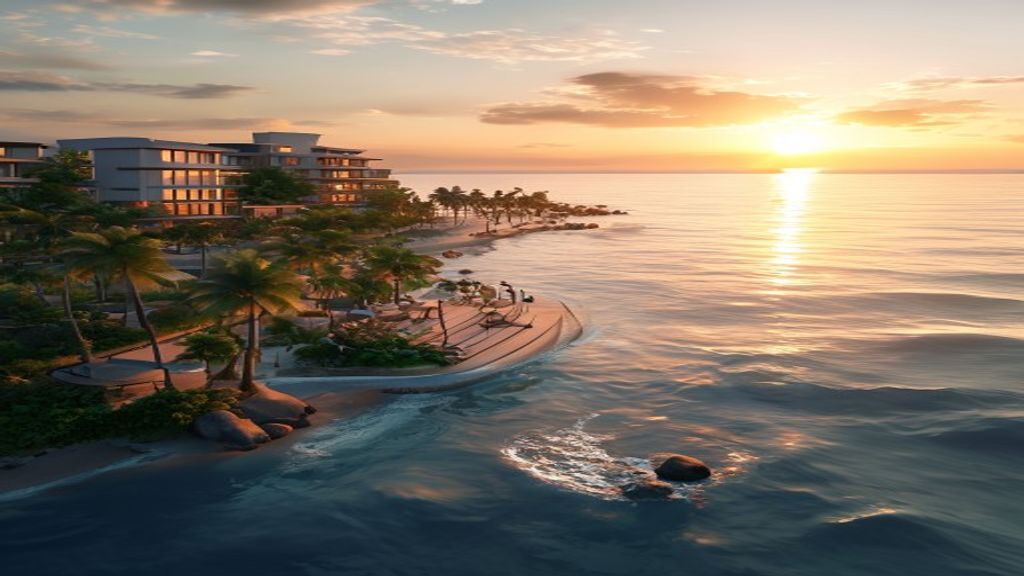 A beachfront view of Amrit Ocean Resort with turquoise waters and palm-fringed lounge.
