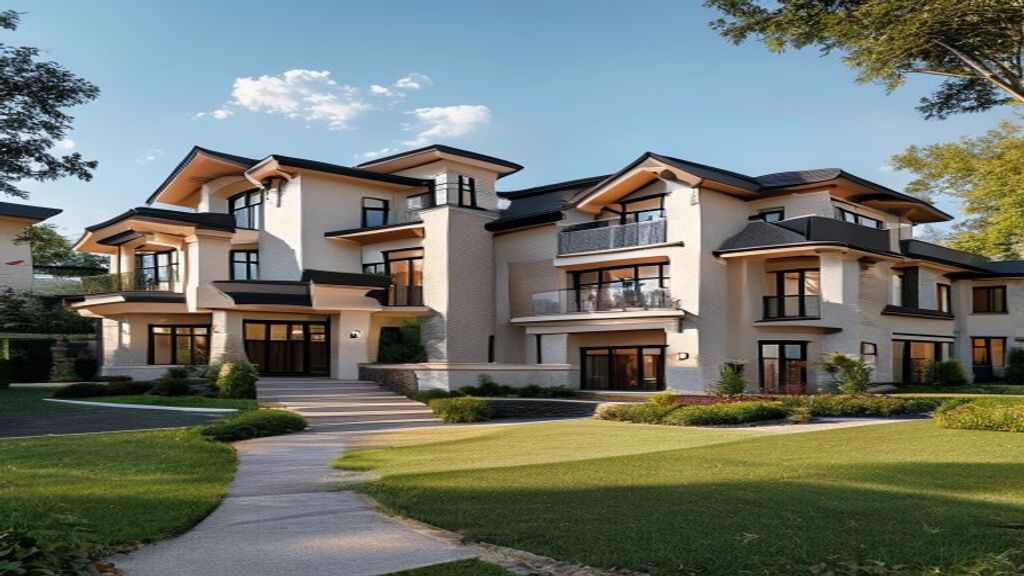 Luxurious waterfront mansion with modern design and landscaped gardens, showcasing high-end homes for sale