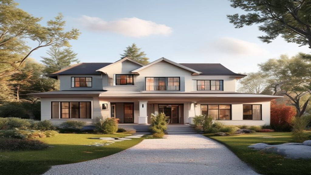 A bright, modern new home with a landscaped garden and solar panels showcasing sustainable living