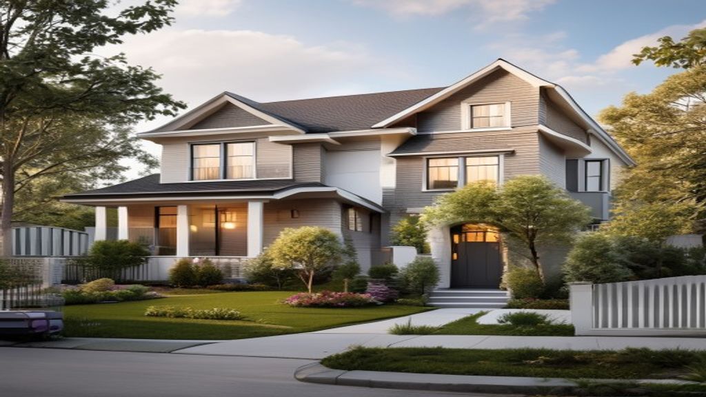 Family viewing a modern rent-to-buy home with a For Sale sign in front, showcasing flexible ownership options.